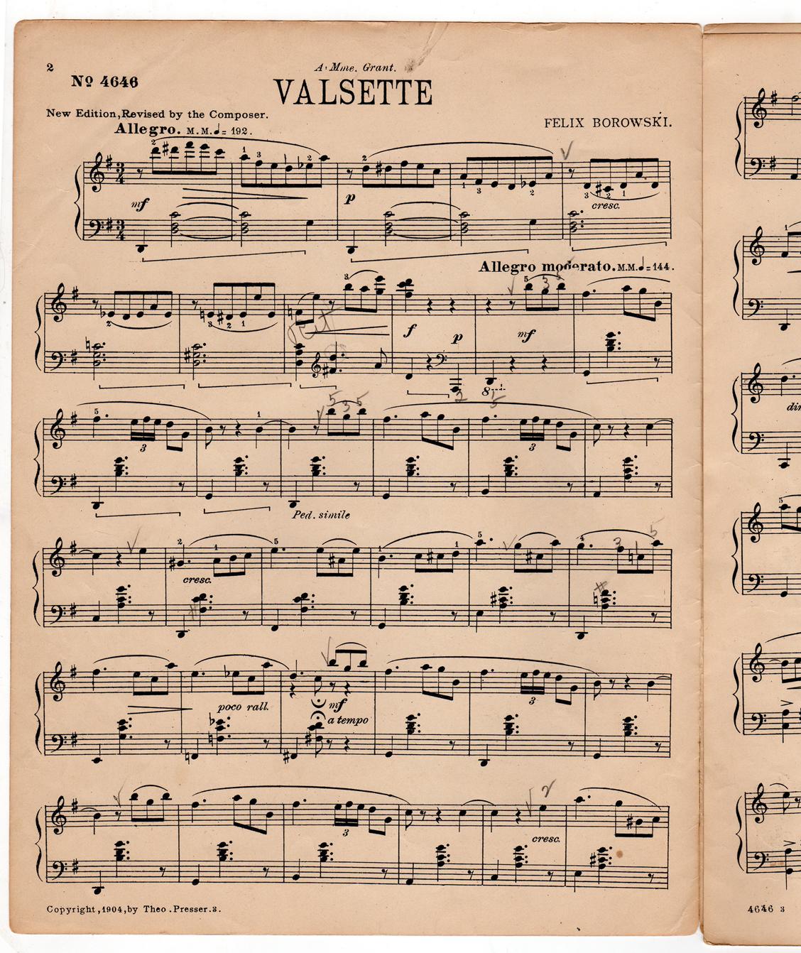 Valsette. Vintage Felix Borowski Sheet Music, 1904, Piano Composition