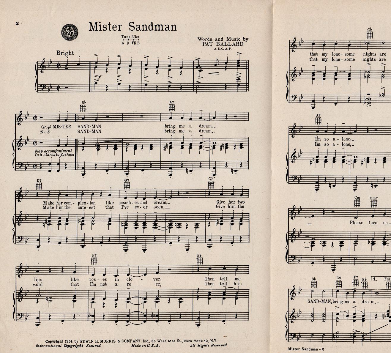 Mister Sandman (Mr. Sandman) - Vintage 1954 Sheet Music. The Chordettes