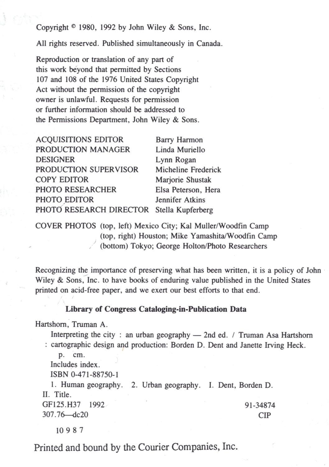 ... Interpreting the City: an Urban Geography: Hartshorn, Truman A.