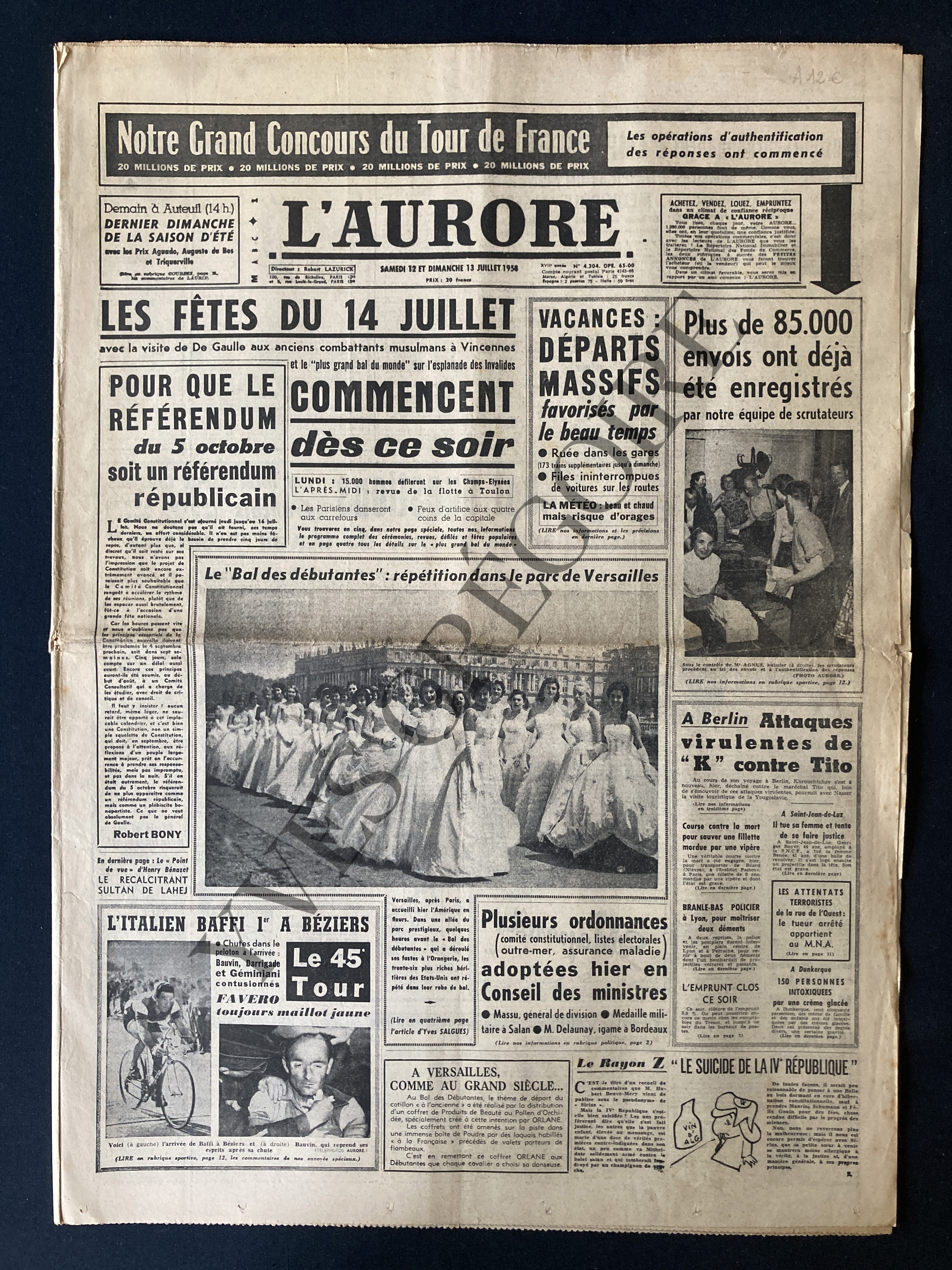 L'AURORE-N°4304-SAMEDI 12 ET DIMANCHE 13 JUILLET 1958 [Bon] [Couverture souple]