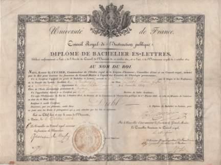 Diploma Of Batchelor Of Letters Signed B G Cuvier In Ink 1 Page Large Folio 310 X 405 Mm 12 X 16 Inches With Papered Seal Paris 2 October 14 By Cuvier Baron