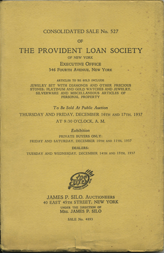 Consolidated Sale No. 527 of the Provident Loan Society. Articles to be sold include Jewelry set with Diamonds and other Precious Stones; Platinum an