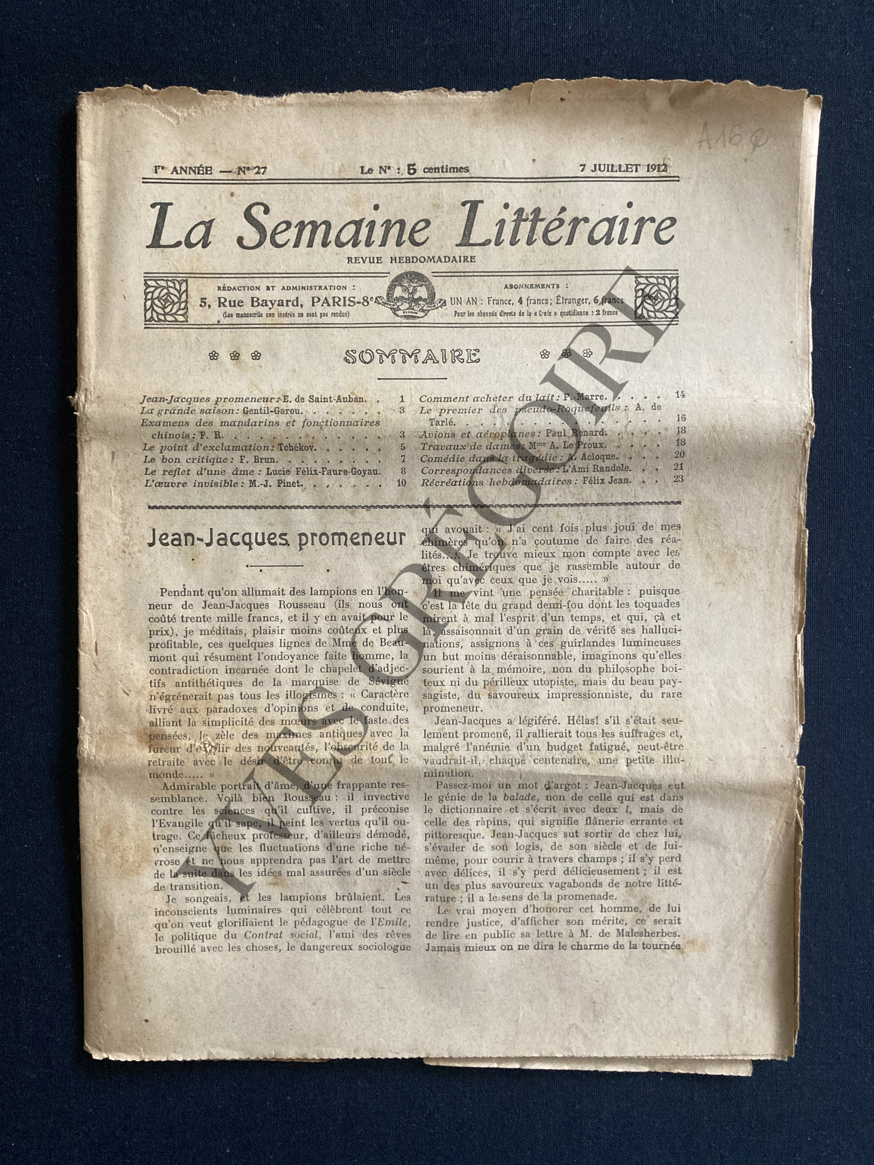 LA SEMAINE LITTERAIRE-N°27-7 JUILLET 1912 [Bon] [Couverture souple]