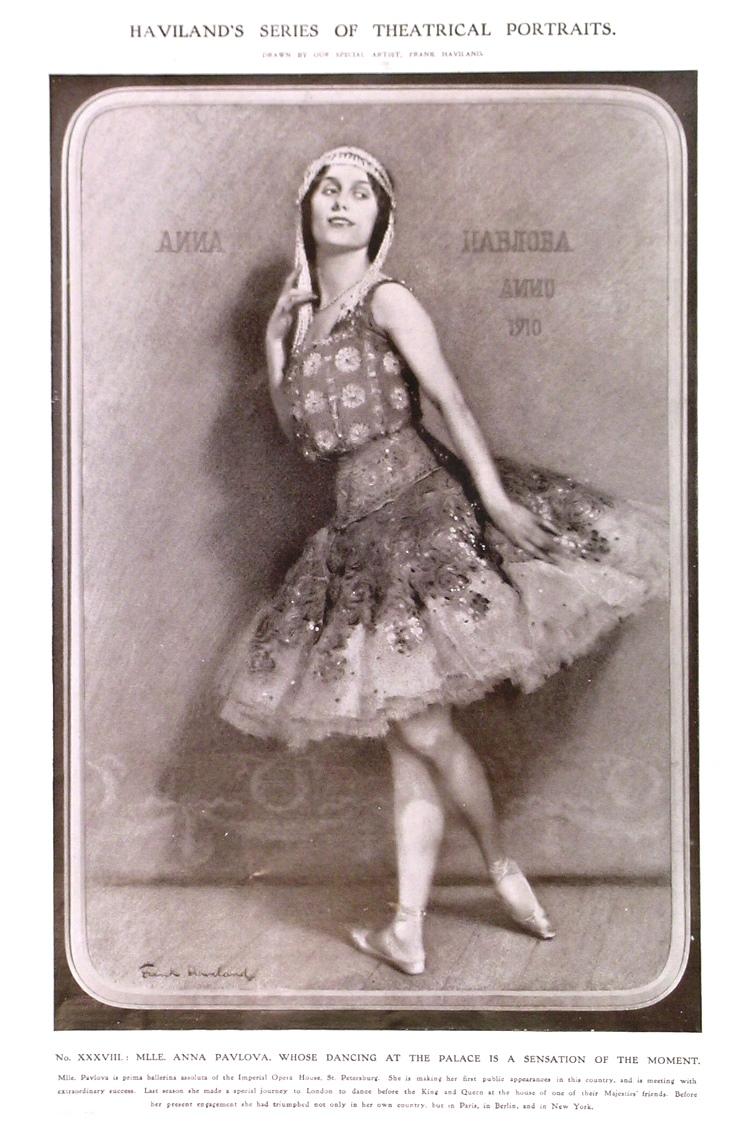 ‘MLLE. ANNA PAVLOVA, WHOSE DANCING AT THE PALACE (theatre) IS A SENSATION OF THE MOMENT’. Fine illustration in costume of the prima ballerina assolut