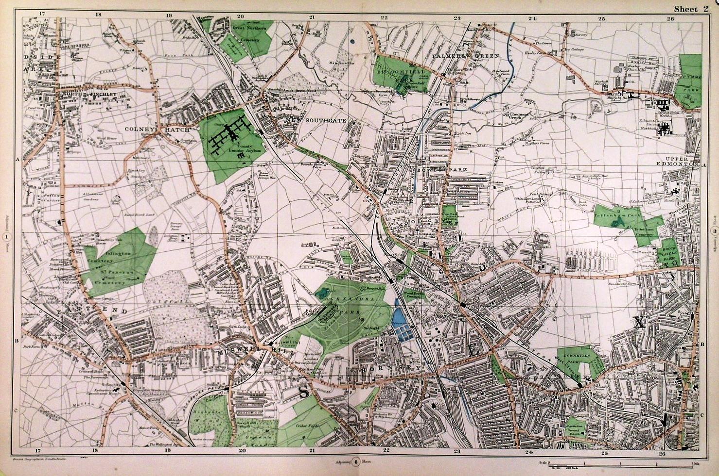 [COLNEY HATCH, NEW SOUTHGATE, PALMERS GREEN, WOODGREEN, HORNSEY, MUSWELL HILL, EAST END]. Detailed map from Bacon’s ‘New Large-scale Atlas of London