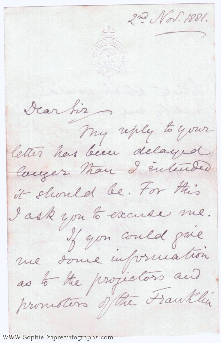 Autograph Letter Signed to an unnamed correspondent (John, 1820-1893 ...