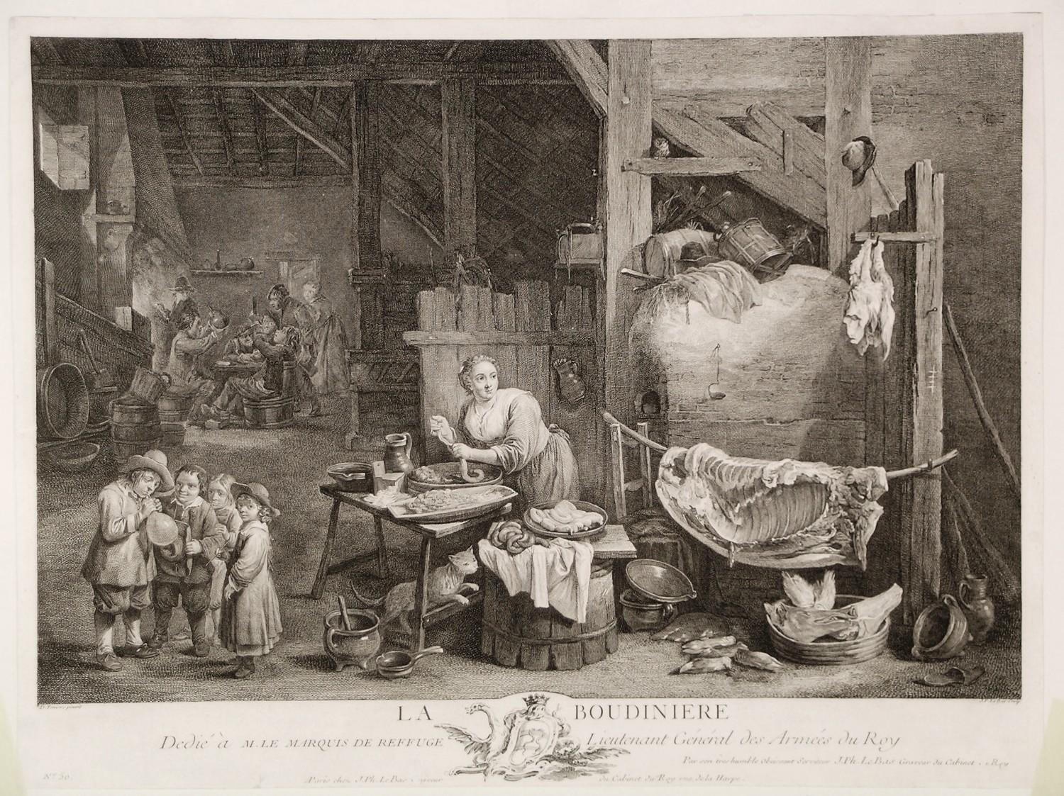 ‘LA BOUDINIERE’. Sausage making in a fine medieval kitchen. Copper plate engraving by J. P. Le Bas after Teniers, D. [ ]