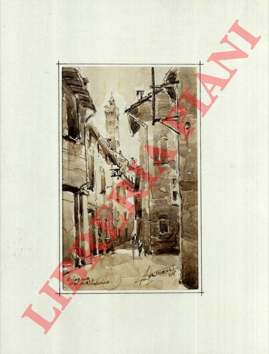 Abebooks Ghetto di Bologna. Via dell'Inferno casa nella"piazzetta" con portico e sullo sfondo la Torre Asinelli