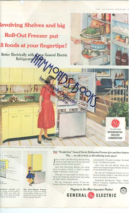 Advertisement for General Electric - Typical 1950s Kitchen Illustrated - "Revolving Shelves and Big Roll-Out Freezer" Saturday Evening Post editors [