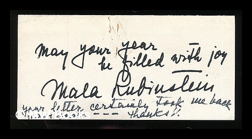 Small autograph card signed by Mala Rubinstein Rubenstein, Mala (1906-1989) [ ] [Couverture souple]