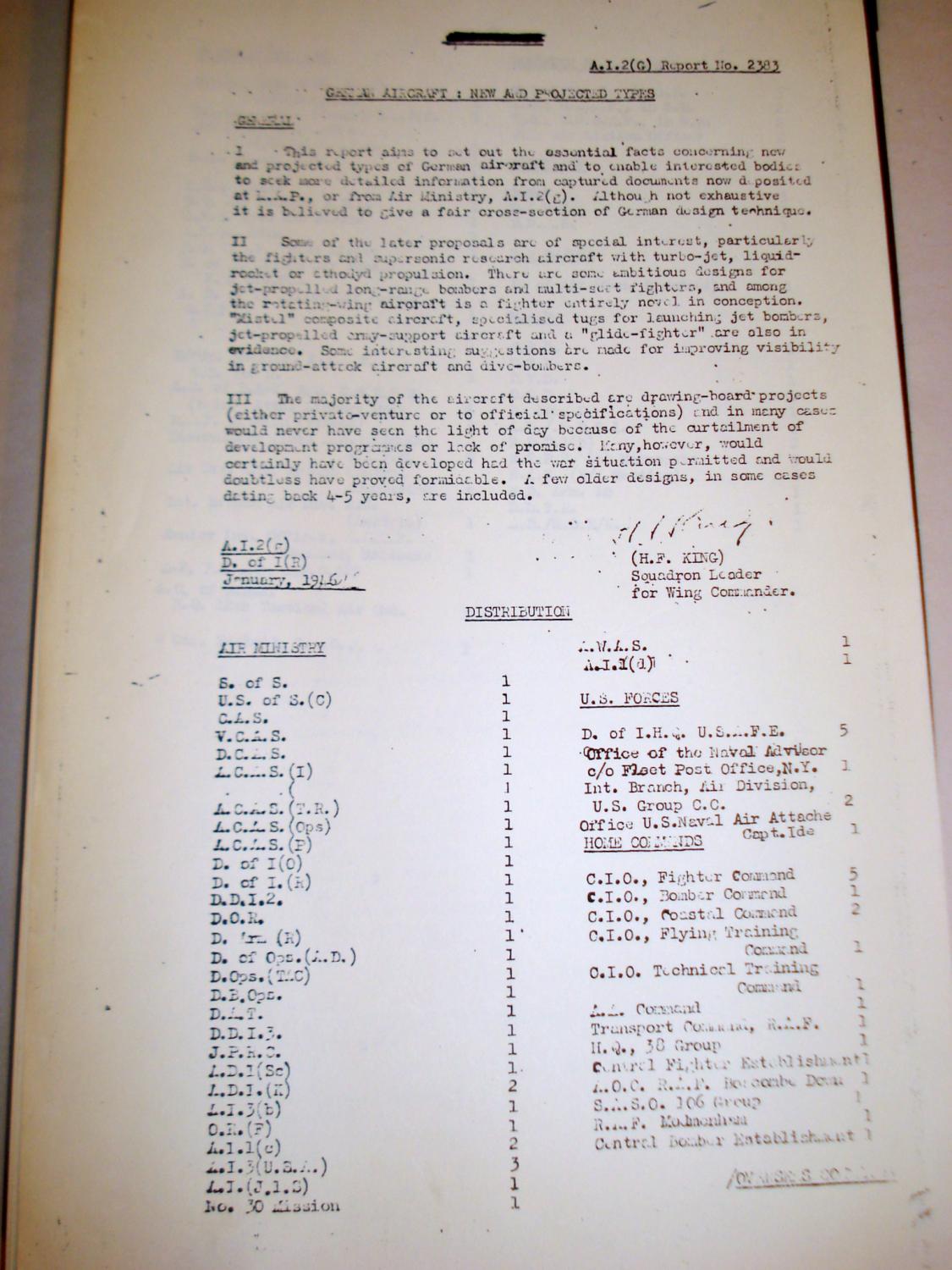 German Aircraft New And Projected Types A I G G Report No 23 By King Squadron Leader H F Et Al Very Good Soft Cover 1946 Old Authors Bookshop