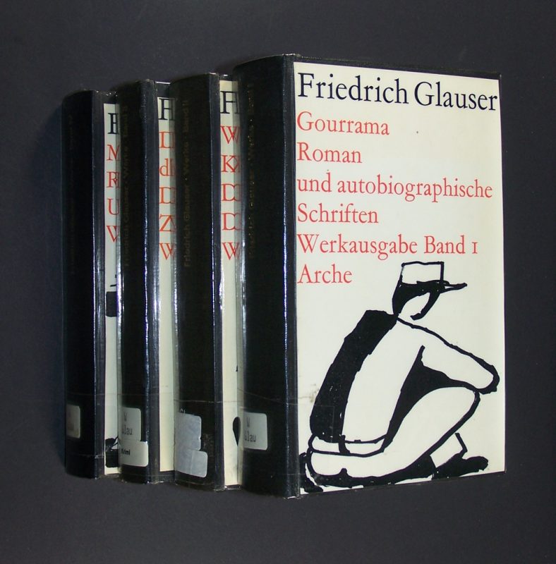 Gesammelte Werke - Werkausgabe in 4 Bänden. Von Friedrich Glauser. Herausgegeben von Hugo Leber. - Band 1: Mensch im Zwielicht, im Dunkel, Gourrama. - Band 2: Wachtmeister Studer, Krock & Co., Die Fieberkurve. - Band 3: Der Tee der drei alten Damen, Der Chinese. - Band 4: Matto regiert und 19 Erzählungen. - Glauser, Friedrich (Verf.) und Hugo Leber (Hrsg.)