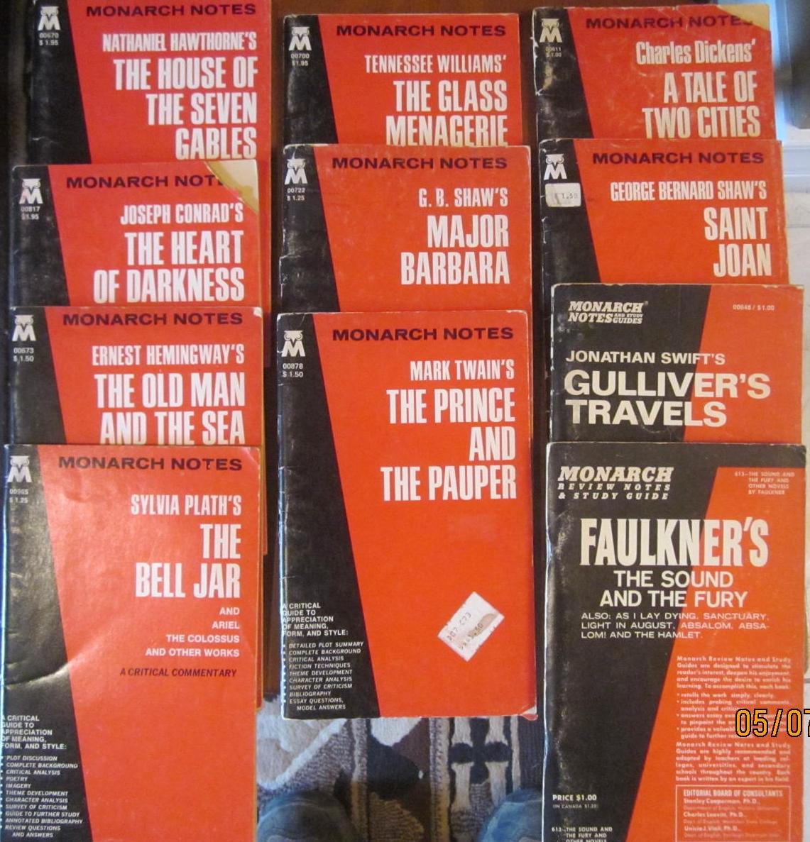 Monarch Notes -- The House of Seven Gables, The Heart of Darkness, The Old Man and the Sea, The Bell Jar, The Prince and the Pauper, A Tale of Two Ci