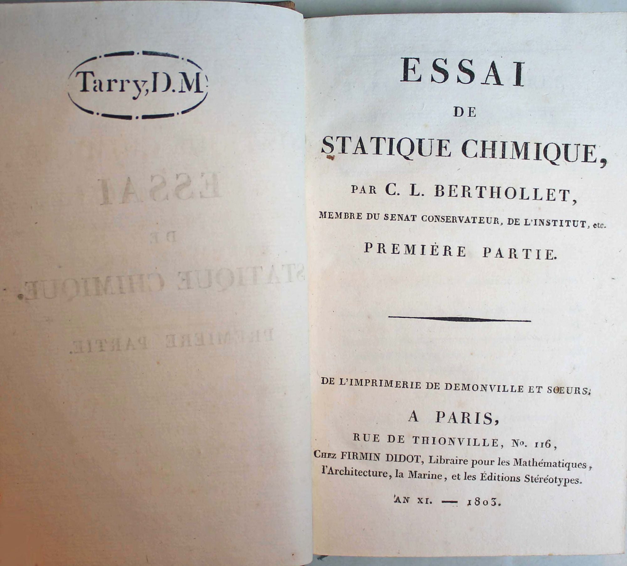 Essai de statique chimique par BERTHOLLET, Claude Louis | Hugues de Latude
