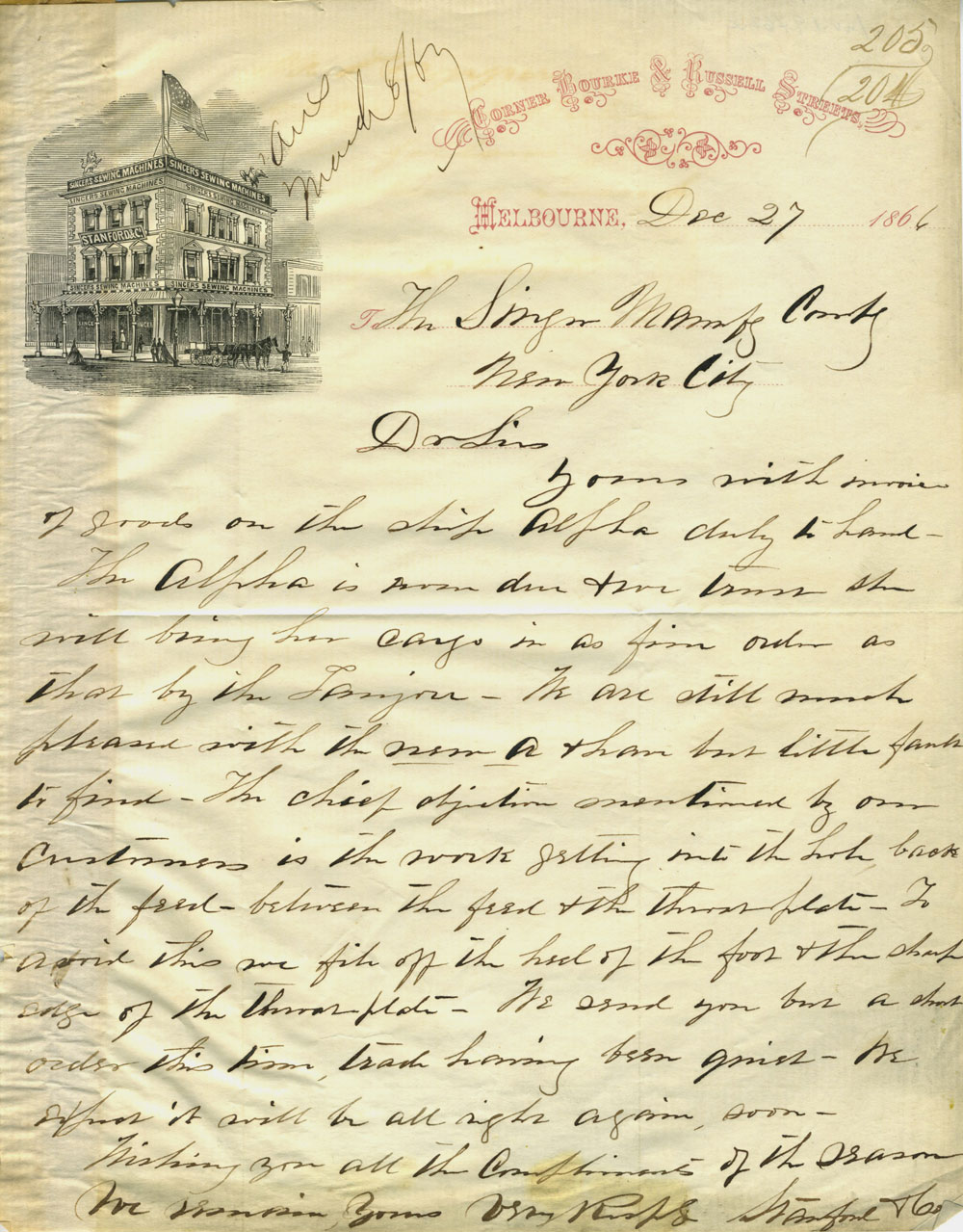 ALS from Melbourne, a pictorial letterhead letter regarding Singer sewing machine order and suggestions for improvement [Melbourne; Singer Sewing Mac