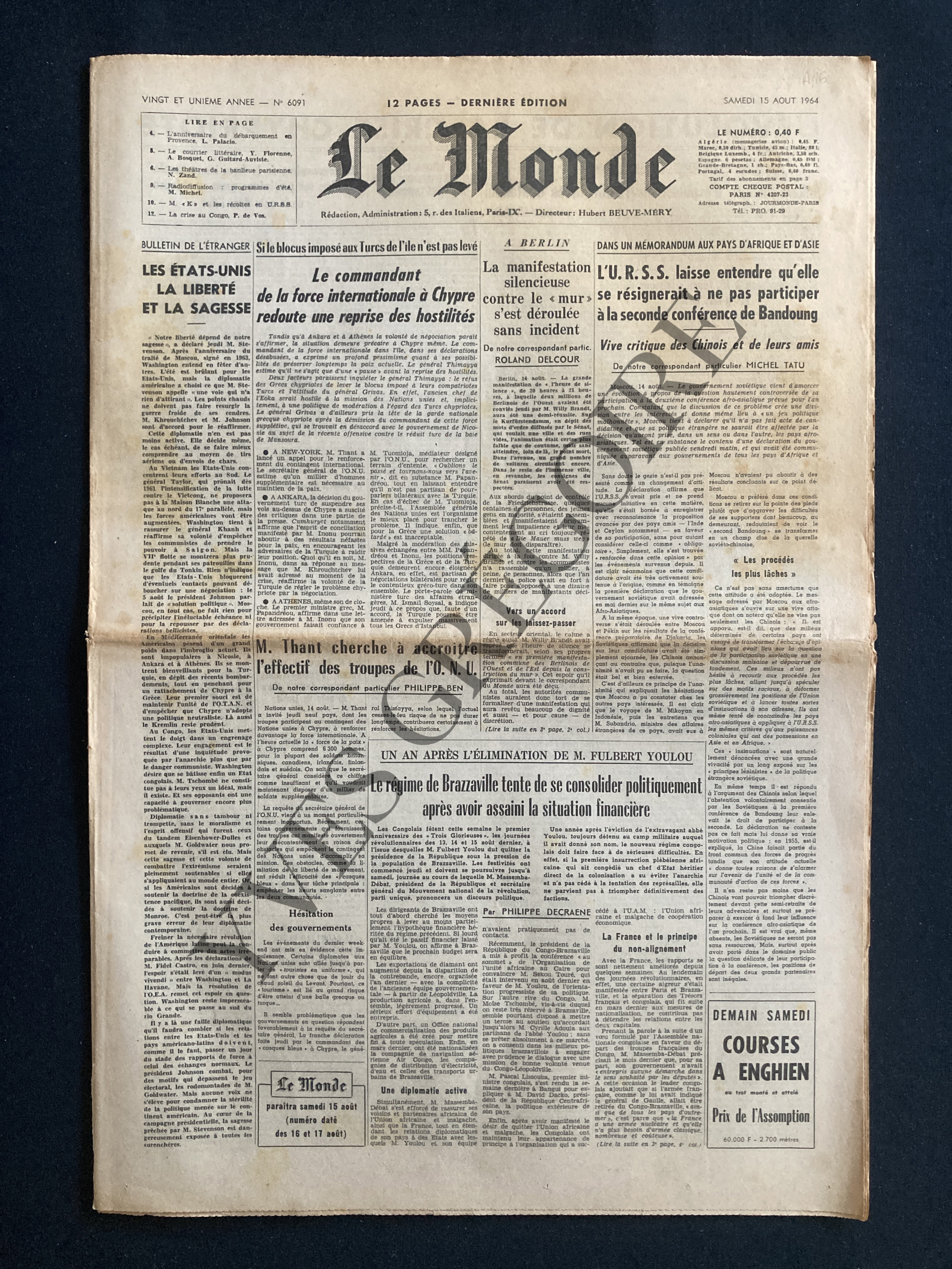 [Edition originale] LE MONDE-N°6091-15 AOUT 1964 [Occasion - Assez bon] [Couverture souple]