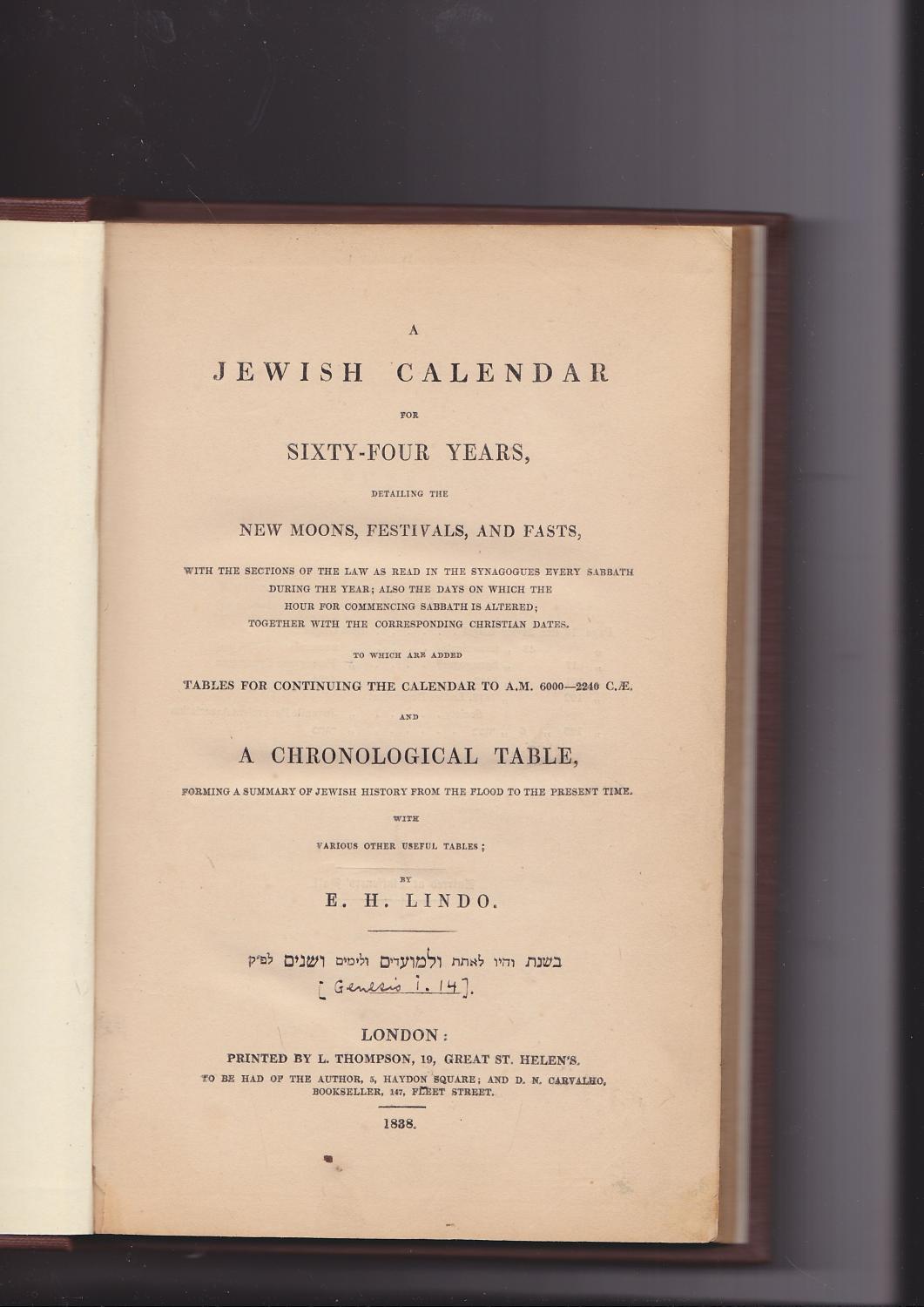 A Jewish calendar for sixtyfour years, detailing the new moons