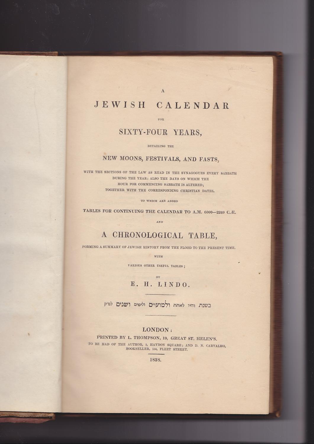 A Jewish calendar for sixtyfour years, detailing the new moons