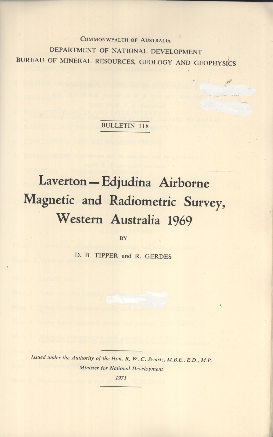 Laverton-Edjudina Airborne Magnetic and Radiometric Survey, Western Australia 1969 (Bulletin, 118) D. B. Tipper & R. Gerdes [Good] [Hardcover]