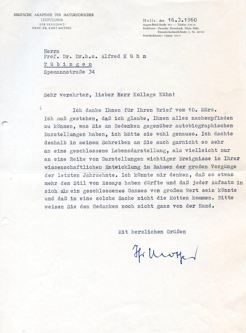 Ms. Brief mit eigenh. U. ( Mothes"). von Mothes, Kurt, Biochemiker