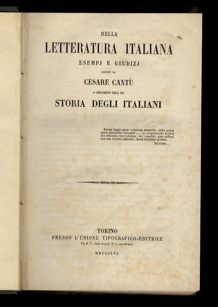 Della Letteratura italiana, esempj e giudizj. A complemento della sua