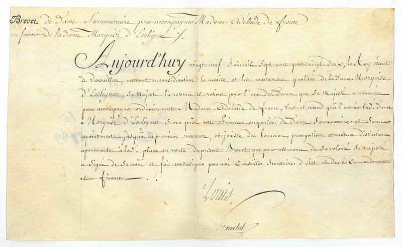 [Signé] "Brevet de dame surnummeraire". Document signed. Louis XVI, King of France (1754-1793). [ ]