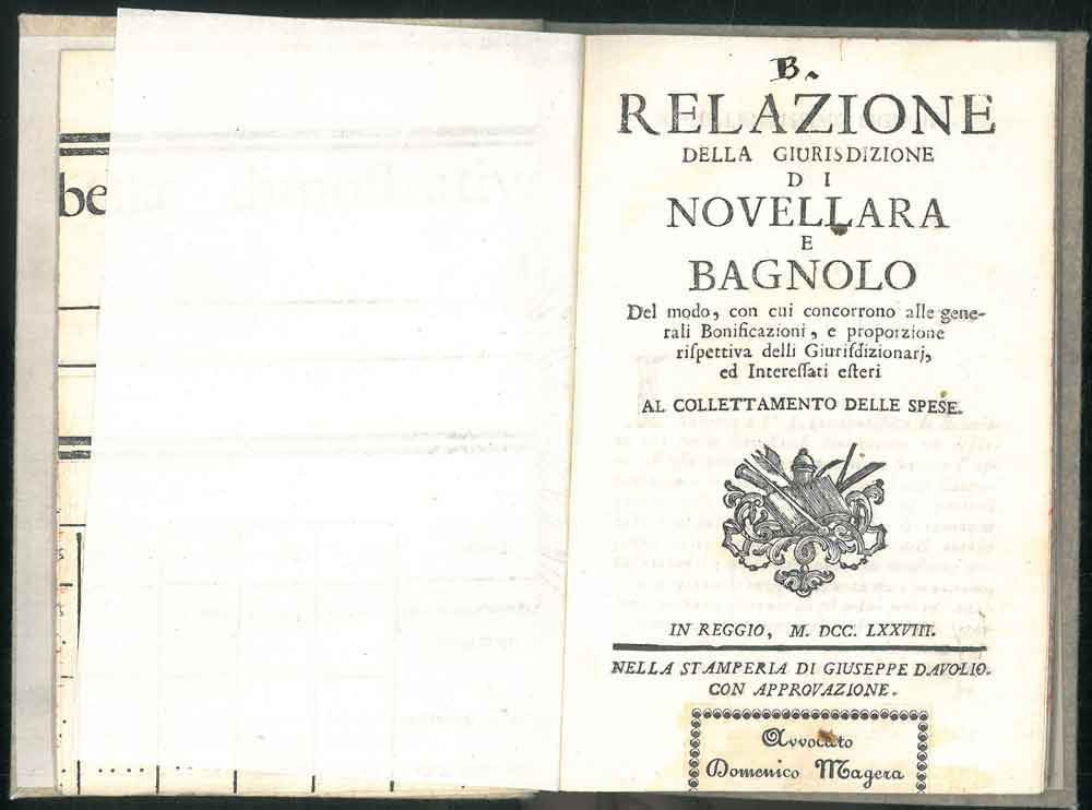 Abebooks Relazione della giurisdizione di Novellara e Bagnolo del modo con cui concorrono alle generali bonificazioni e proporzione rispettiva delli giurisdizionari ed interessati esteri al collettamento delle spese