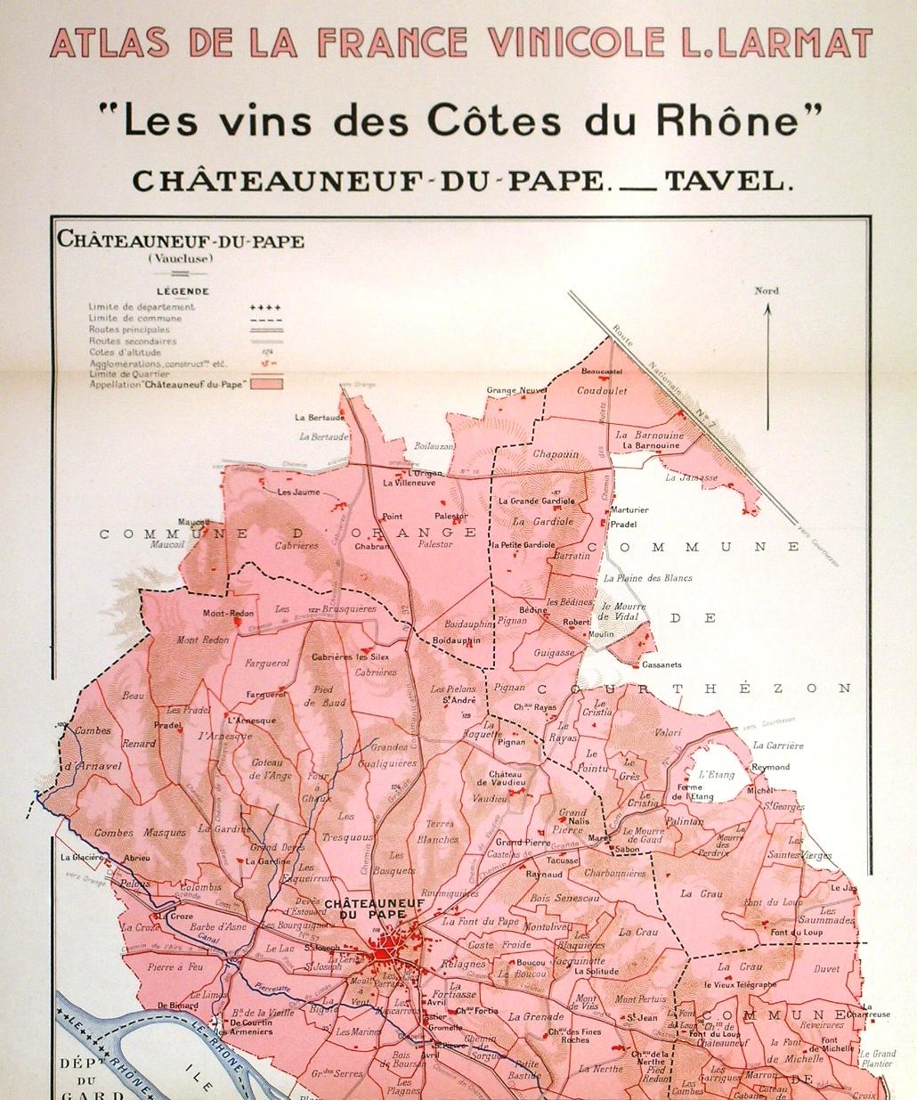 Les Vins Des Cotes Du Rhone Chateauneuf Du Pape Tavel Large Decorative Map Showing In Detail These Vine Producing Vineyards Along The River Rhone By Larmat L 1943 Map Garwood Voigt