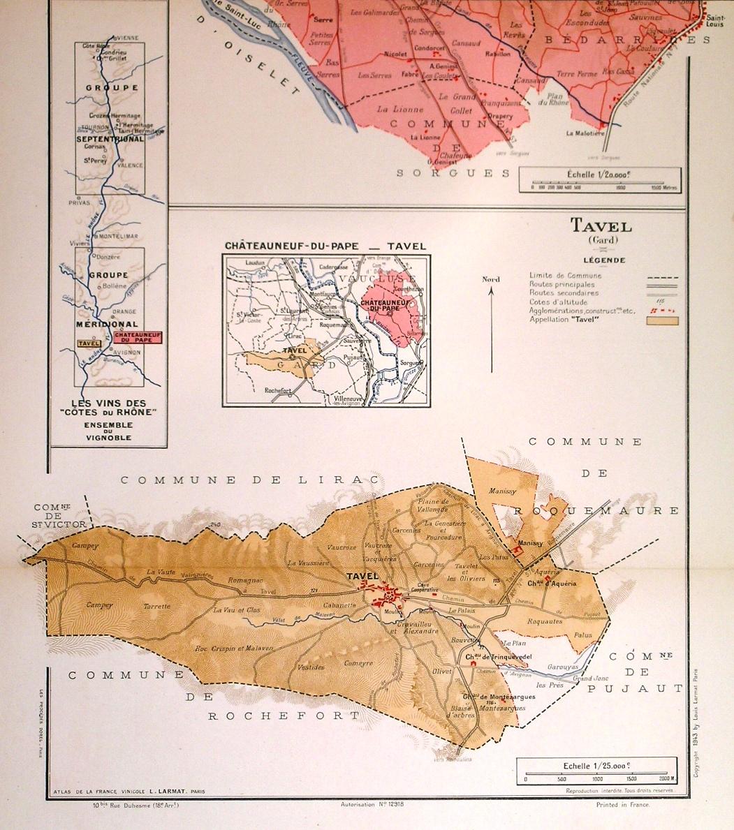 Les Vins Des Cotes Du Rhone Chateauneuf Du Pape Tavel Large Decorative Map Showing In Detail These Vine Producing Vineyards Along The River Rhone By Larmat L 1943 Map Garwood Voigt