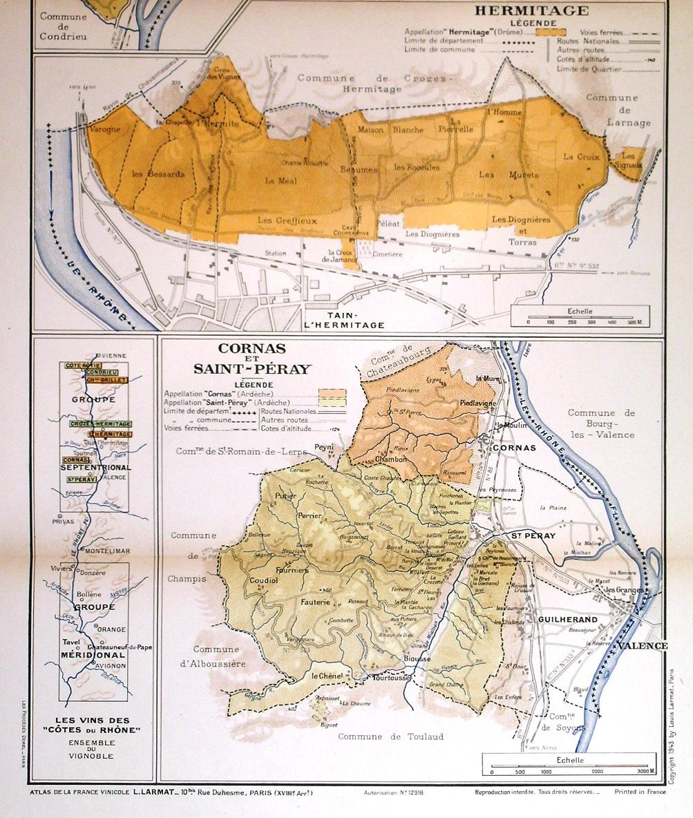 RHÔNE WINE MAP North LARMAT 1943 Côte-Rôtie Condrieu Hermitage Cornas St-Péray 