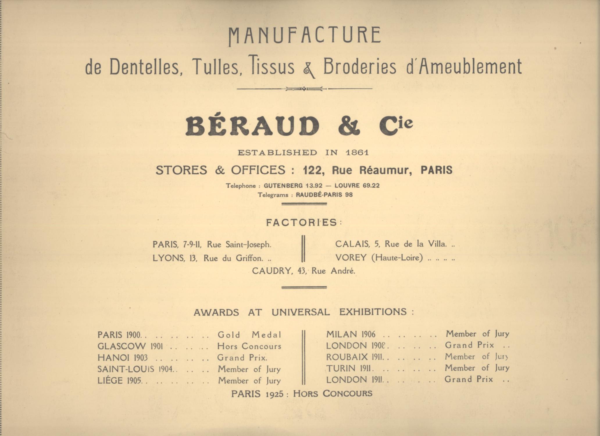 Manufacture de Dentelles, Tulles, Tissus & Broderies d'Ameublement. Curtains, Blinds, Window Curtains, Bed-Spreads, etc.: Béraud & Cie (No. 39) Bérau