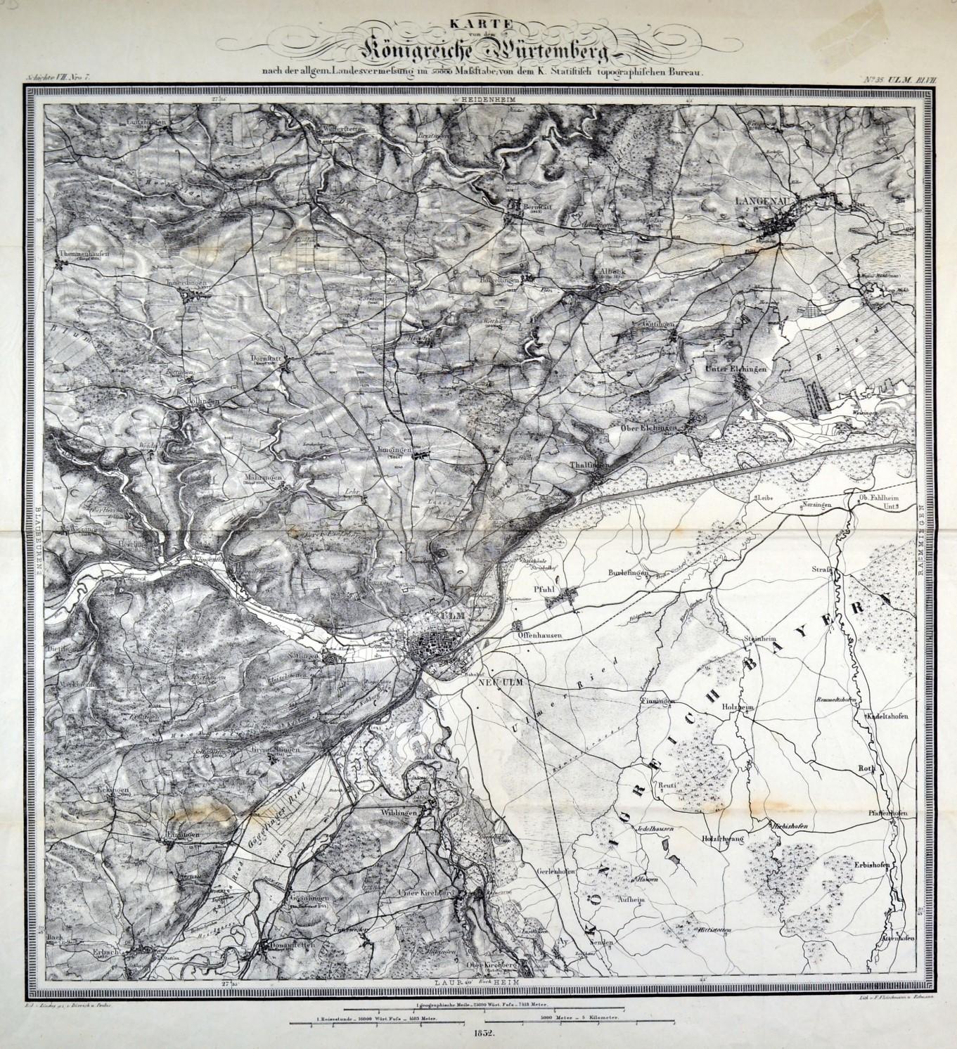 ULM. - Karte. Karte des Gebiets um Ulm von Langenau, Donaustetten bis Wippingen.: Art / Print 