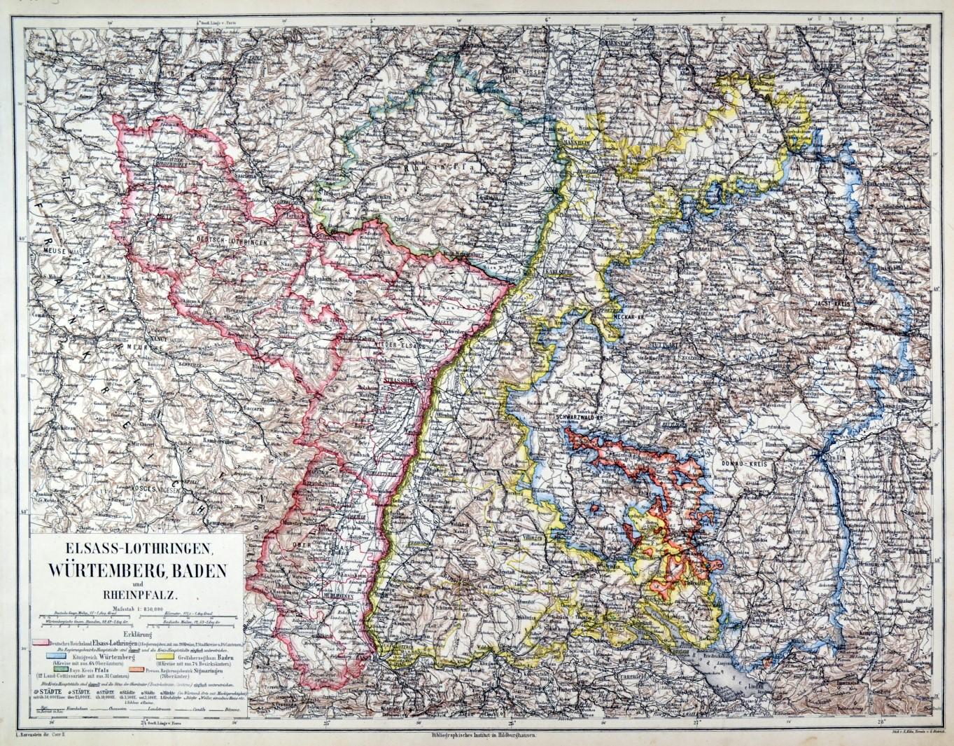 BADEN-WÜRTTEMBERG. - Karte. "Elsass-Lothringen, Würtemberg, Baden und