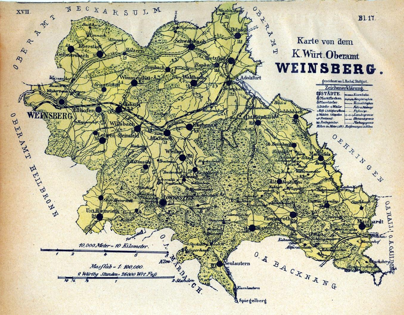 WEINSBERG. - Karte. "Karte von dem K. Würt. Oberamt Weinsberg".: Art