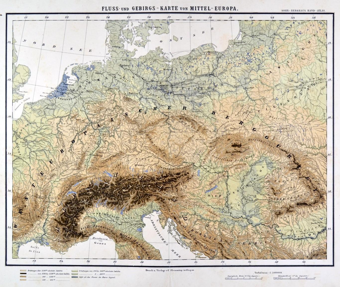 EUROPA Flüsse Gebirge physikalische LANDKARTE von 1888