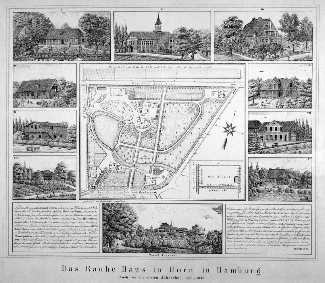 Hamburg Horn Das Rauhe Haus In Horn In Hamburg Nach Seinem Ersten Jahrzehnd 1833 1843 Grundrissplan Umgeben Von 10 Ansichten Links Und Rechts Erklarungen Kunst Nbsp Nbsp Grafik Nbsp Nbsp Poster Peter Bierl Buch Kunstantiquariat