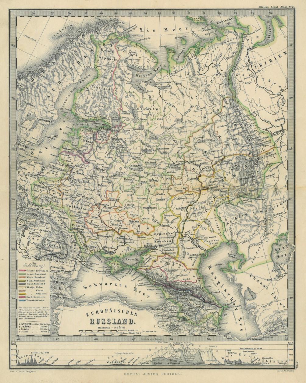 RUSSLAND. - Karte. "Europäisches Russland". Gesamtkarte mit Höhenprofil