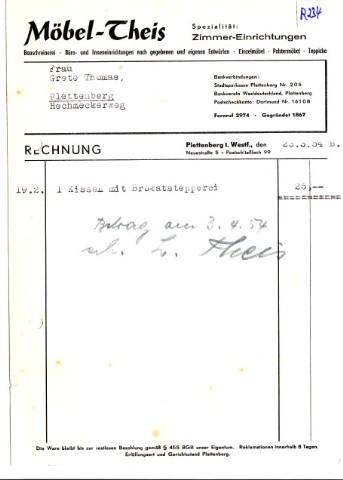 Rechnung Möbel-Theis Plettenberg Spezialität: Zimmer-Einrichtungen 1954