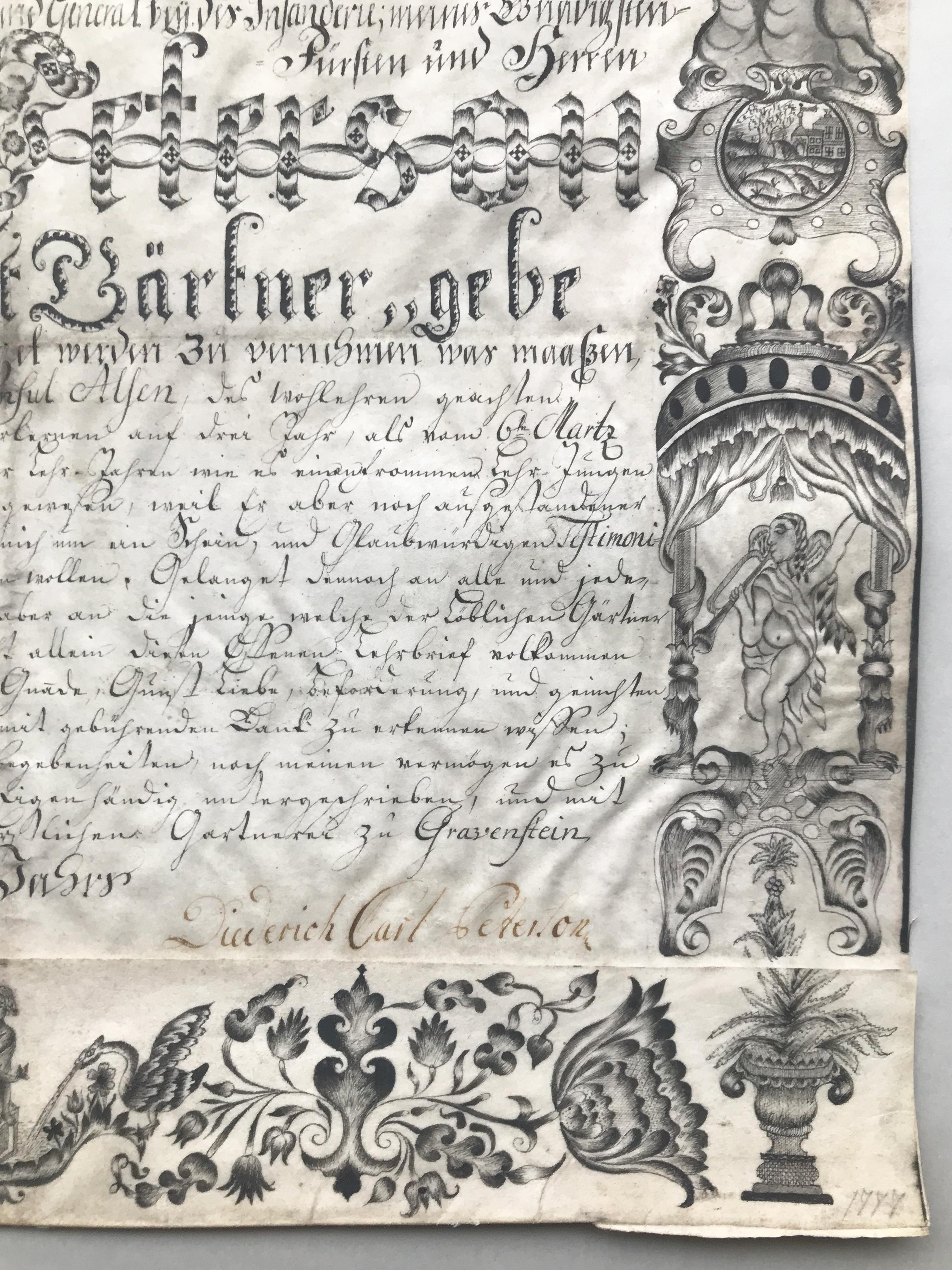 Lehrbrief [Gesellenbrief] für den LustGärtner Thomas Petersen Keelsen