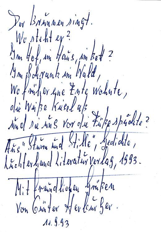 Der Römische Brunnen Gedicht Text Schriftsteller (geb. 1932): eigenh. Gedicht "Der Brunnen singt" (mit