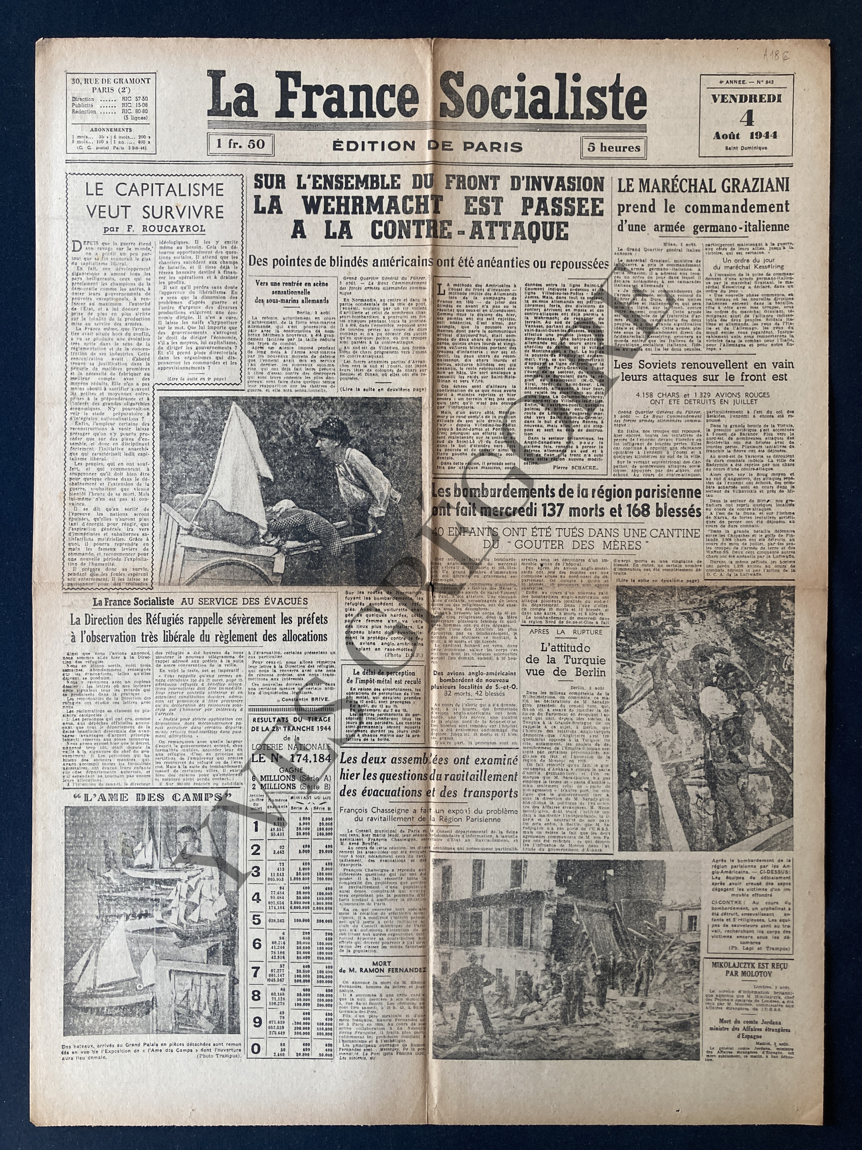LA FRANCE SOCIALISTE-N°843-VENDREDI 4 AOUT 1944 [Très bon] [Couverture souple]
