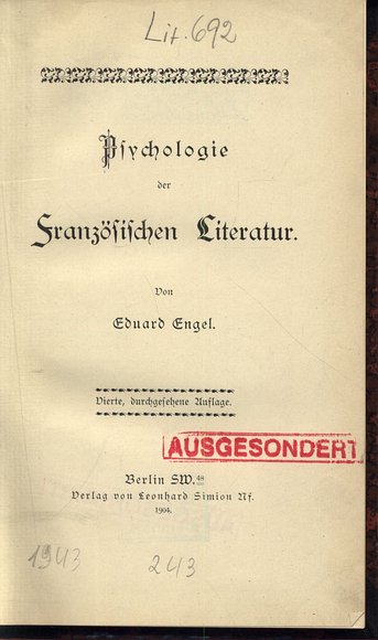 Psychologie der Französischen Literatur. - Engel, Eduard