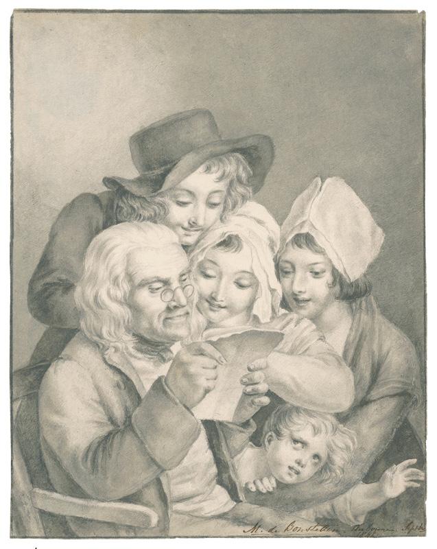 Ein in einem Sessel sitzender Mann mit Brille liest seiner Familie aus einem Brief vor. Bonstetten, M. von vermutlich Ehefrau des Karl Gustav Salomon
