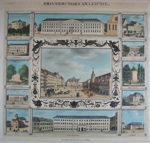 Erinnerungen an Leipzig. Ansicht des Marktplatzes als Mittelbild ...