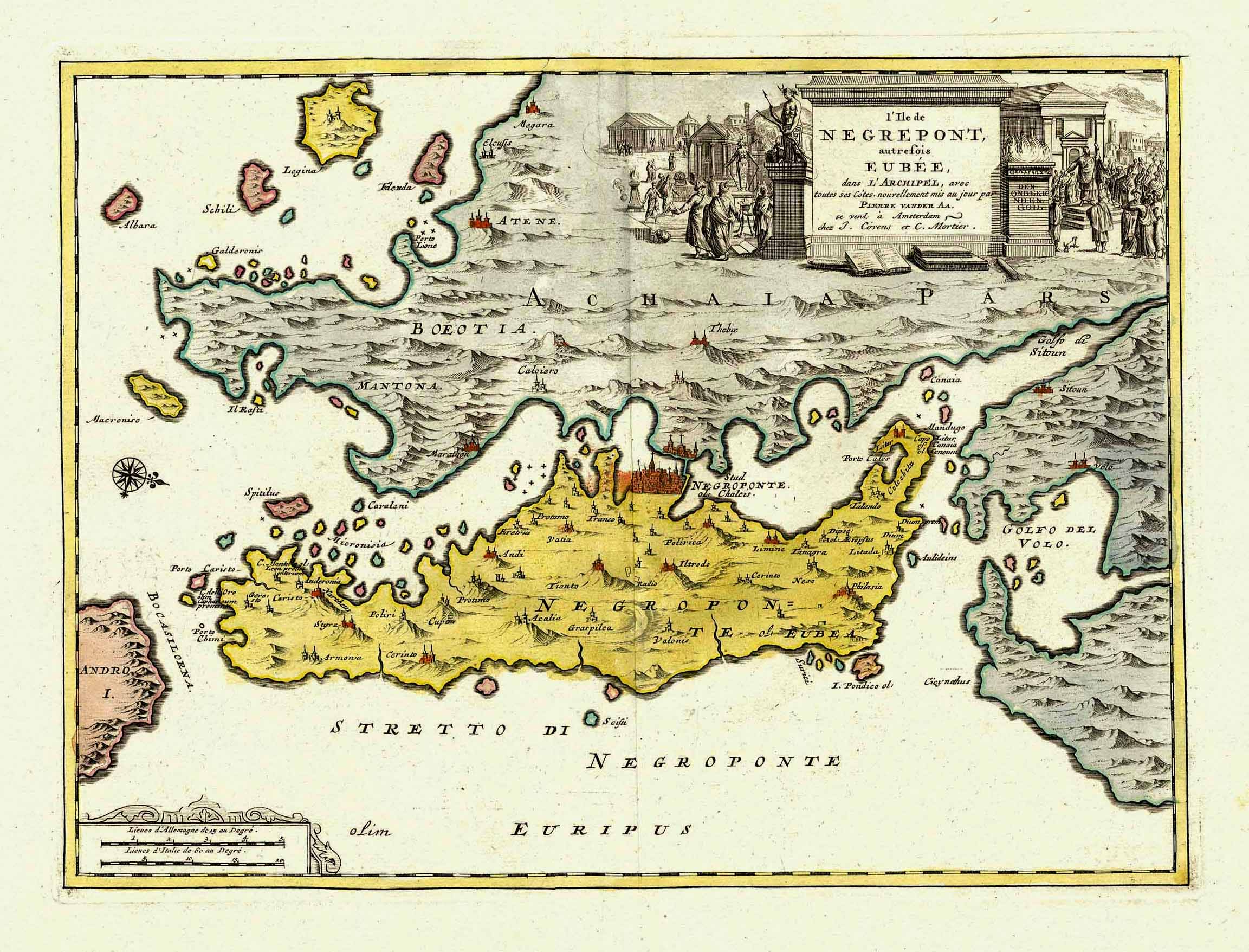 Negrepont l'Ile de Negrepont, autrefois Eubée, dans L'Archipel, avec toutes ses  Côtes, nouvellement mis au jour par Pierre vander Aa, se vend à Amsterdam,  chez J. Covens et C. Mortier.':. von EUBÖA (Evvoia /