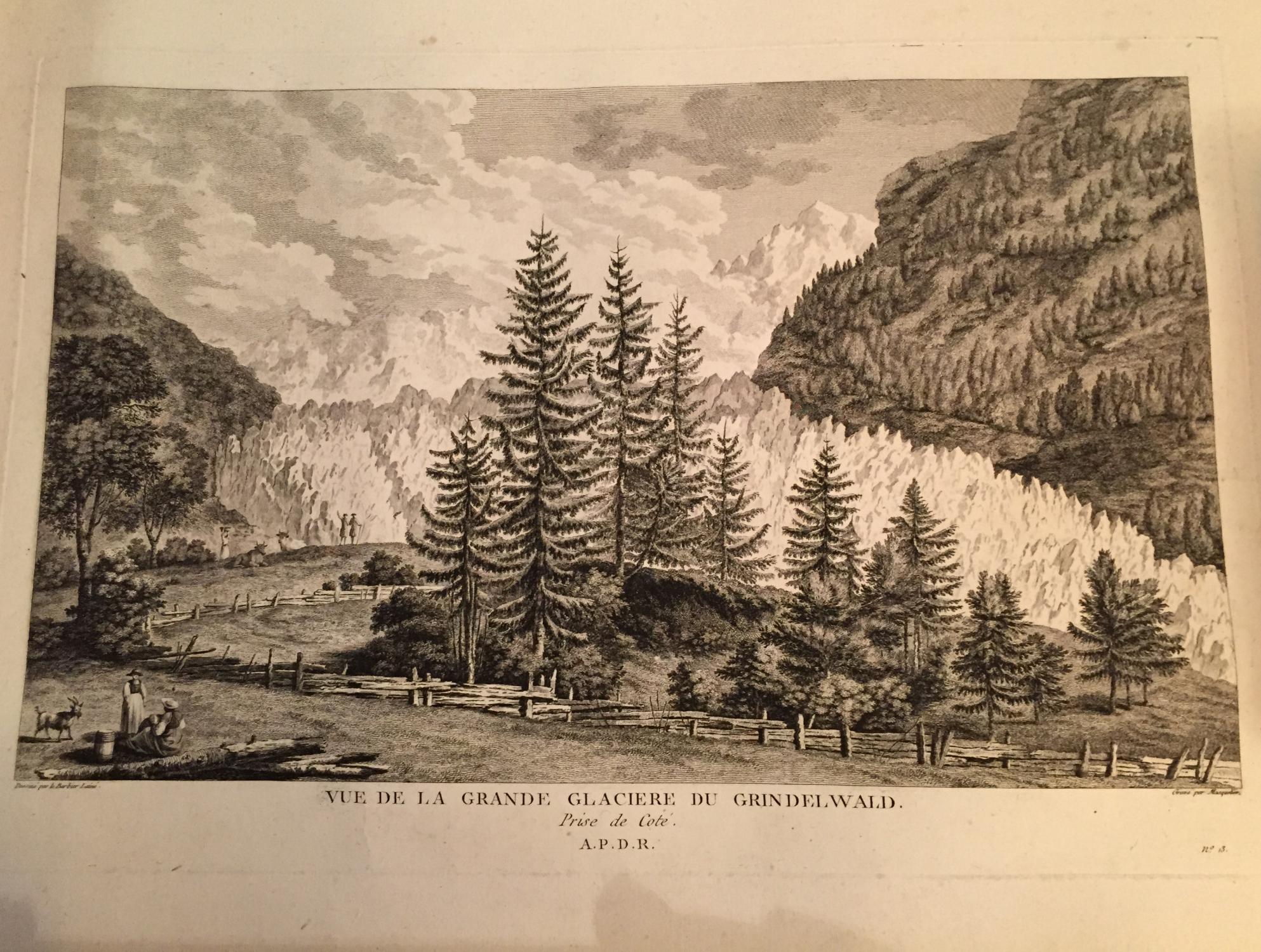 Stich) Vue de la Grande Glaciere du Grindelwald. Prise de Cote. A. P. D. R.  No. 13. by Barbier Laine ( dessine) / Masquetier ( grave): (1780)