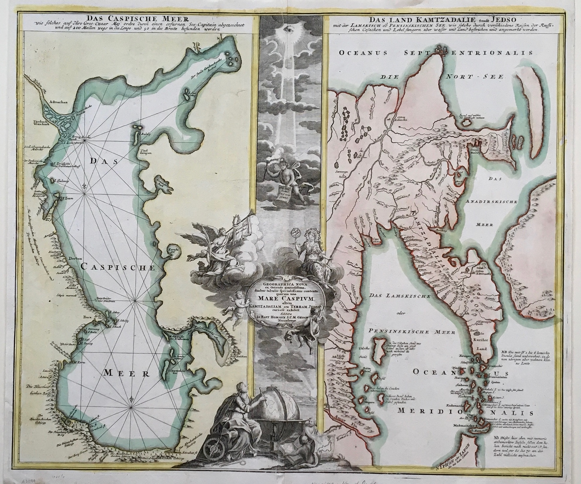 Geographica nova ex Oriente gratiosissima . Mare Caspium & Kamtzadaliam seu Terram Jedso curiose exhibet / Das Caspische Meer & Das Land Kamtzadalie