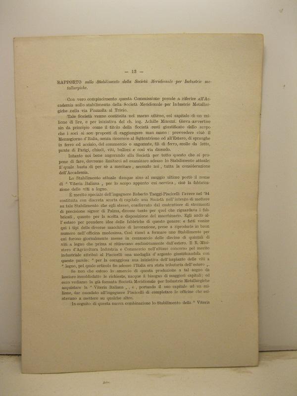 Abebooks Rapporto sullo stabilimento della Societa' Meridionale per Industrie metallurgiche