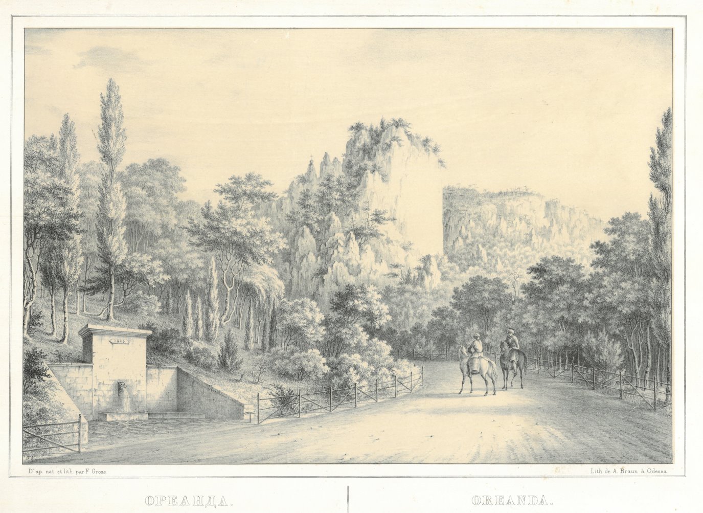 Jalta Krim Oreanda Blick In Eine Bewaldete Felsige Landschaft Links Gefasste Quelle Im Mauerwerk Die Jahreszahl 1843 Rechts Breite Strasse Mit Zwei Muslimischen Reitern Art Nbsp Nbsp Print Nbsp Nbsp Poster Peter Bierl Buch