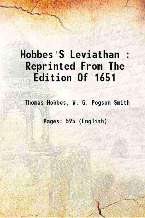 Hobbes'S Leviathan with an essay by the late W. G. Pogson Smith 1909 [Hardcover] - Thomas Hobbes